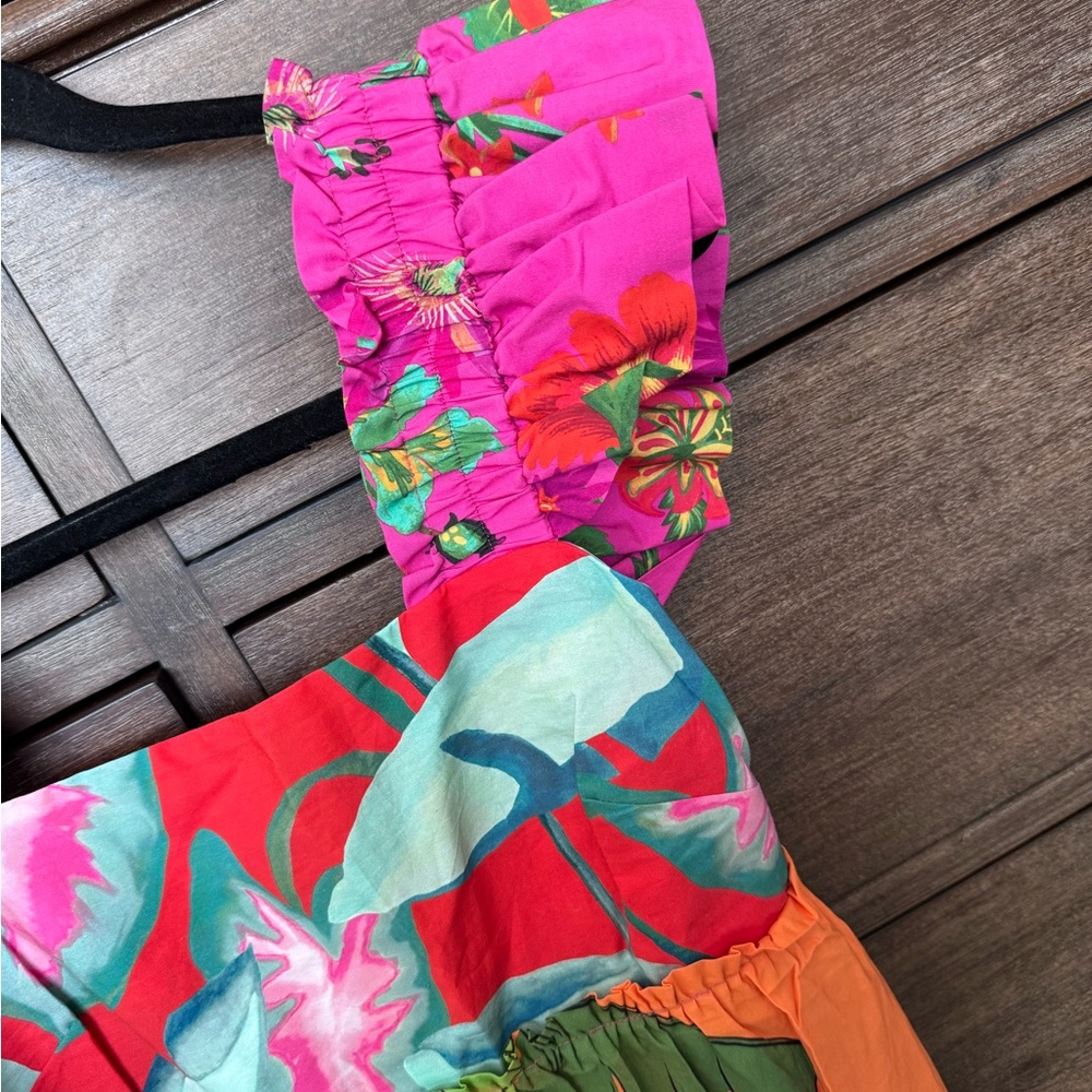 FARM Rio Tropical Floral Ruffle-Sleeve Dress in Pink, Orange, Green, Blue - Picture 3 of 4